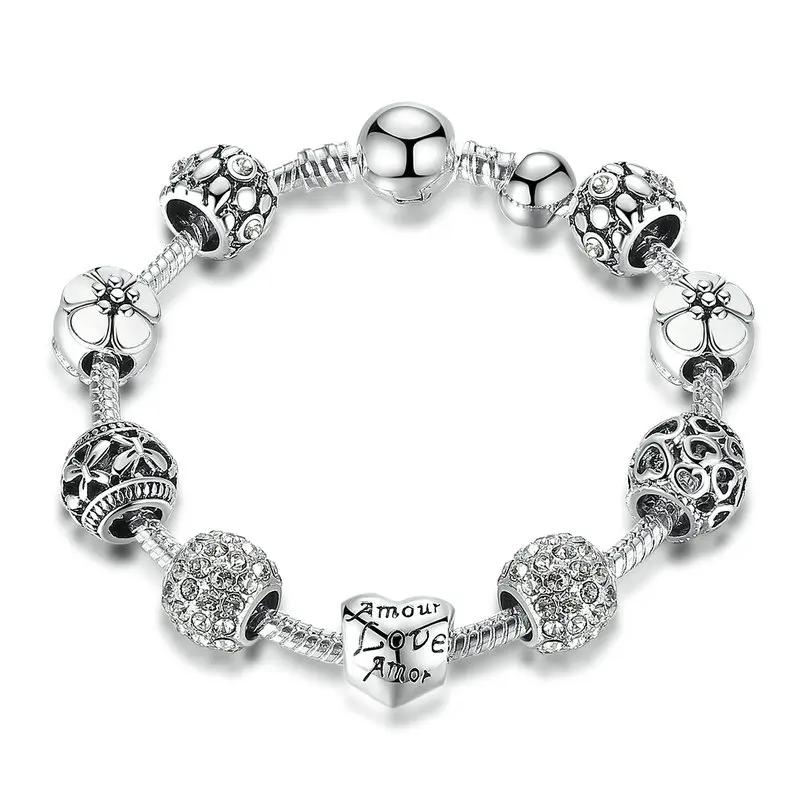 Sigma Silver Charm Bracelet & Bangle with Love and Flower Beads Jewelry