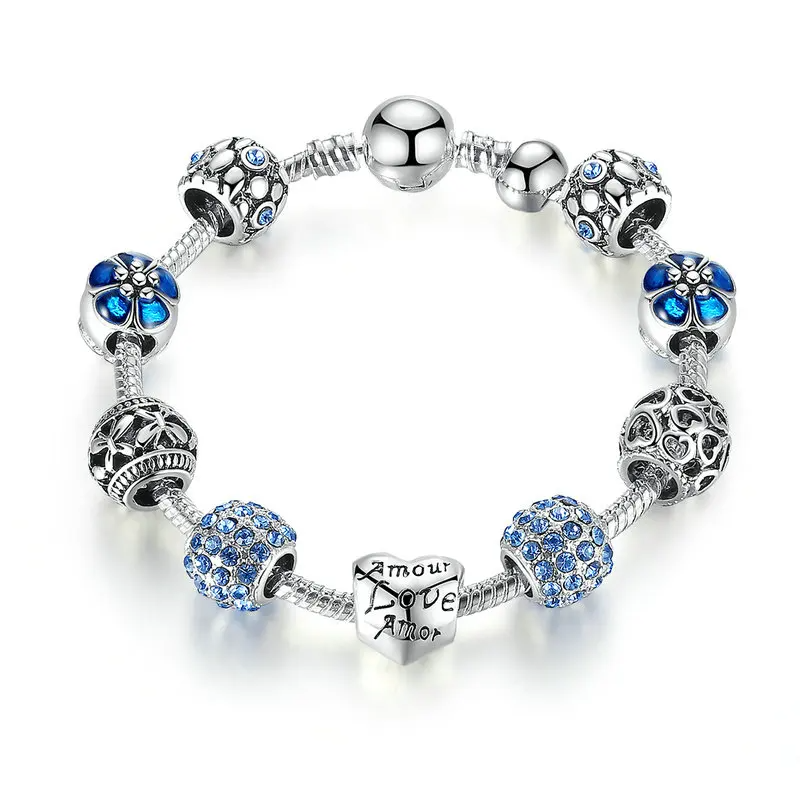 Sigma Silver Charm Bracelet & Bangle with Love and Flower Beads Jewelry