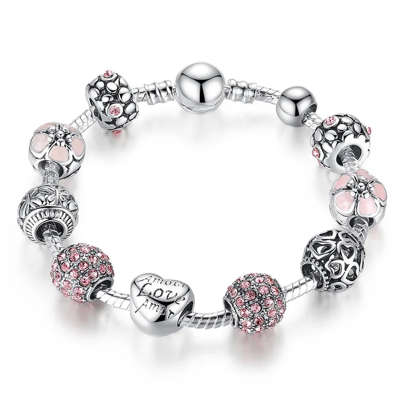 Sigma Silver Charm Bracelet & Bangle with Love and Flower Beads Jewelry