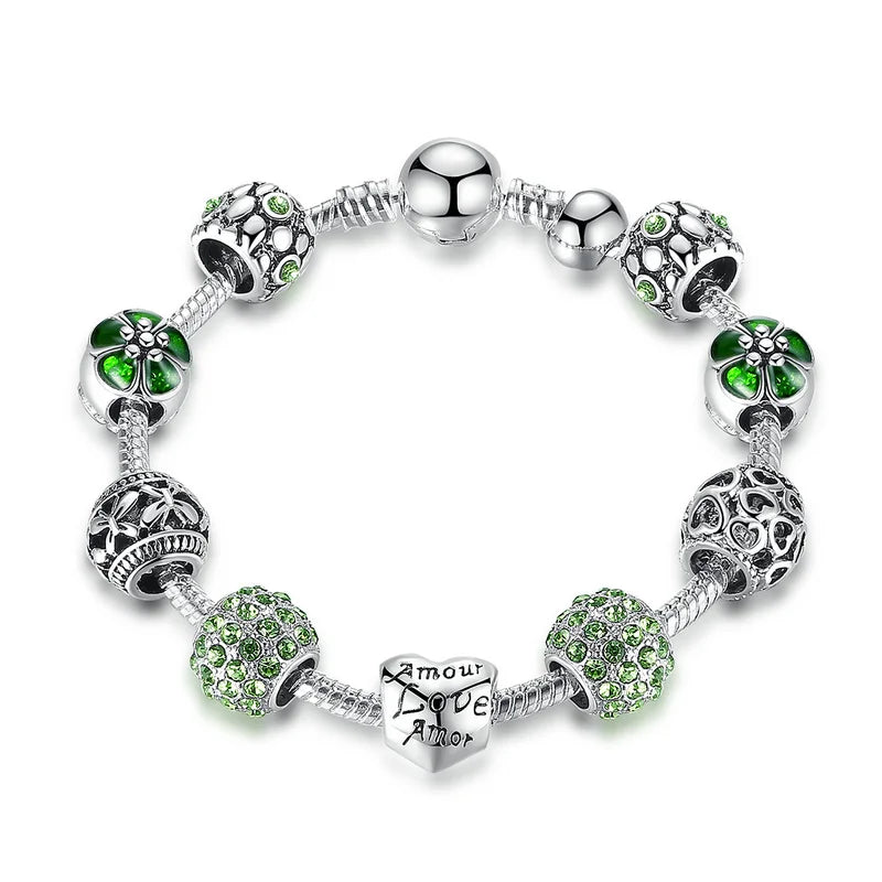 Sigma Silver Charm Bracelet & Bangle with Love and Flower Beads Jewelry