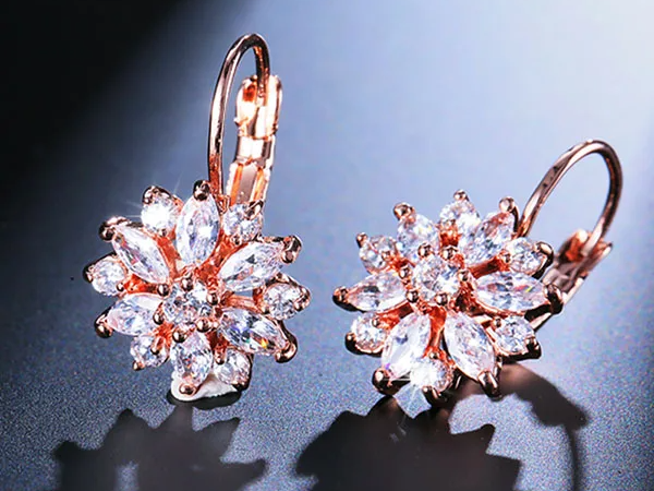 Rose Gold Flower Hoop Earrings Crystal Zircon