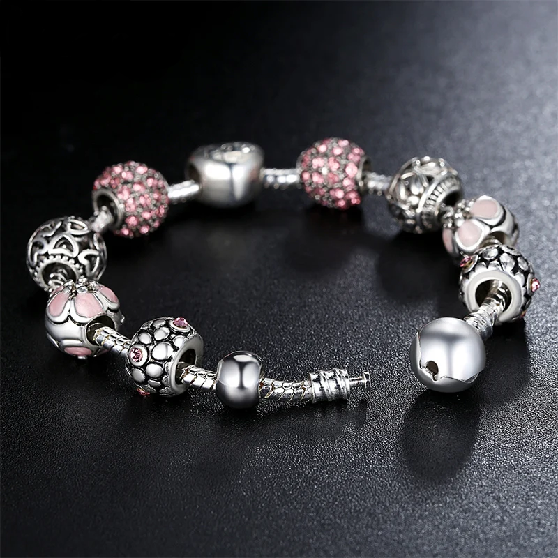 Sigma Silver Charm Bracelet & Bangle with Love and Flower Beads Jewelry