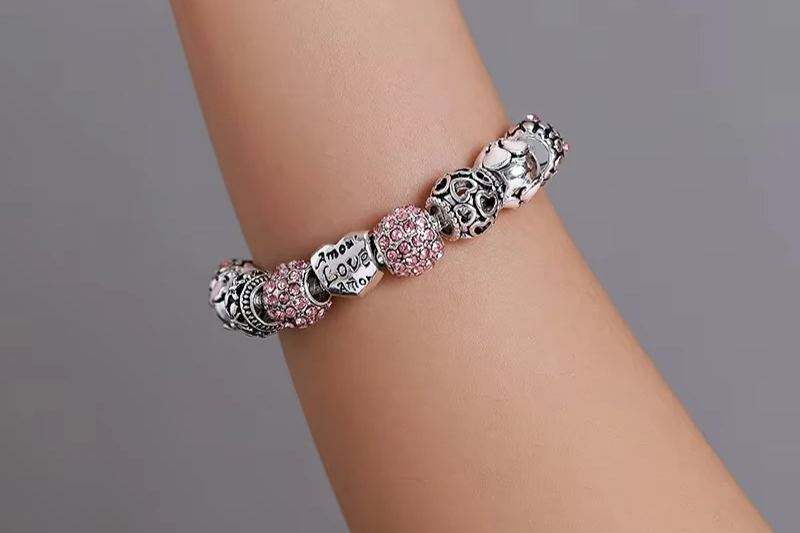 Sigma Silver Charm Bracelet & Bangle with Love and Flower Beads Jewelry