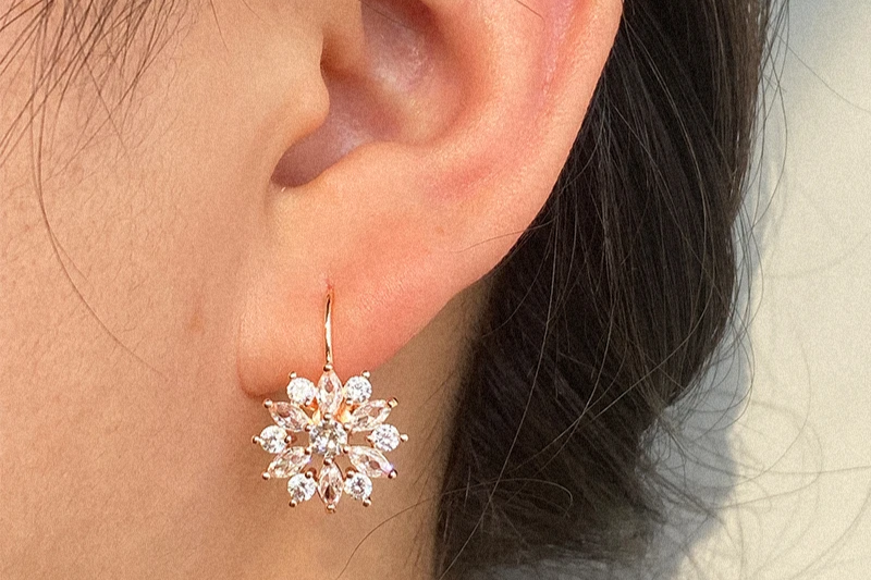 Rose Gold Flower Hoop Earrings Crystal Zircon